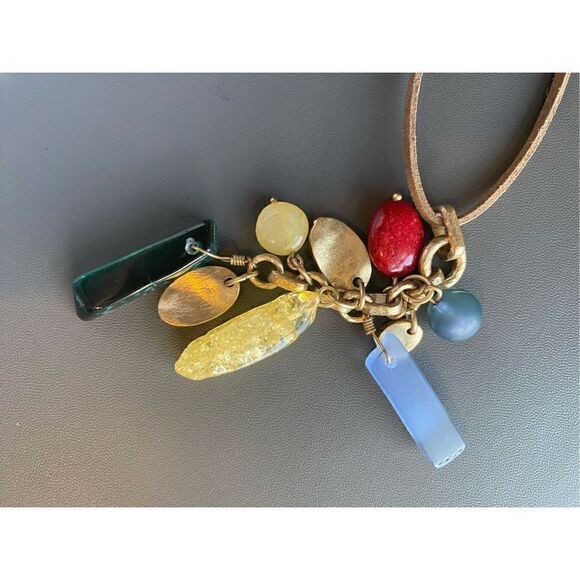 CHICO’S MULTI GEM AND ANTIQUE GOLD PENDANTS ON LONG TAN LEATHER CHAIN NECKLACE - Picture 2 of 8